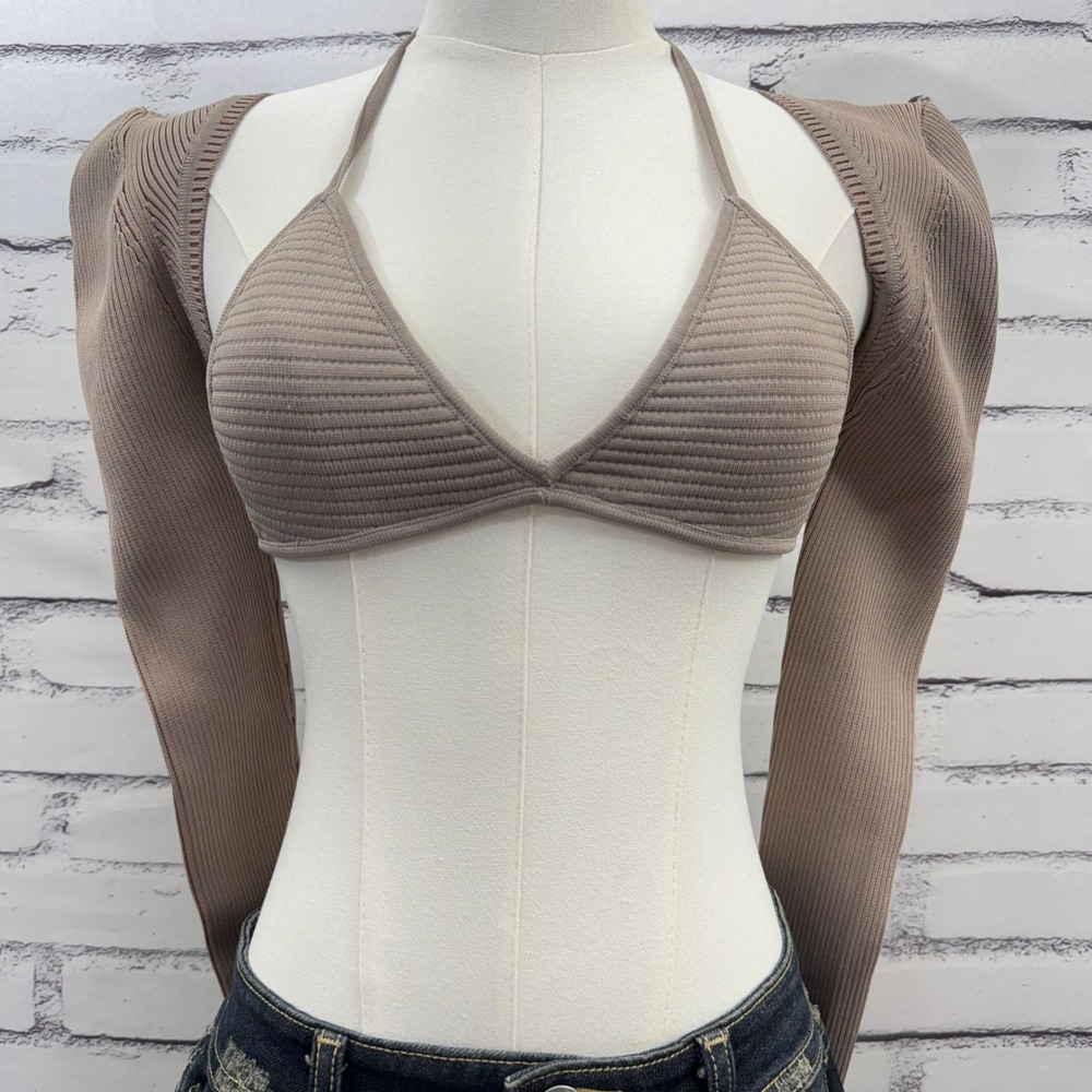 SER.O.YA Women Tan Ribbed Knit 2-Piece Halter Top and Bolero Shrug Set Size M